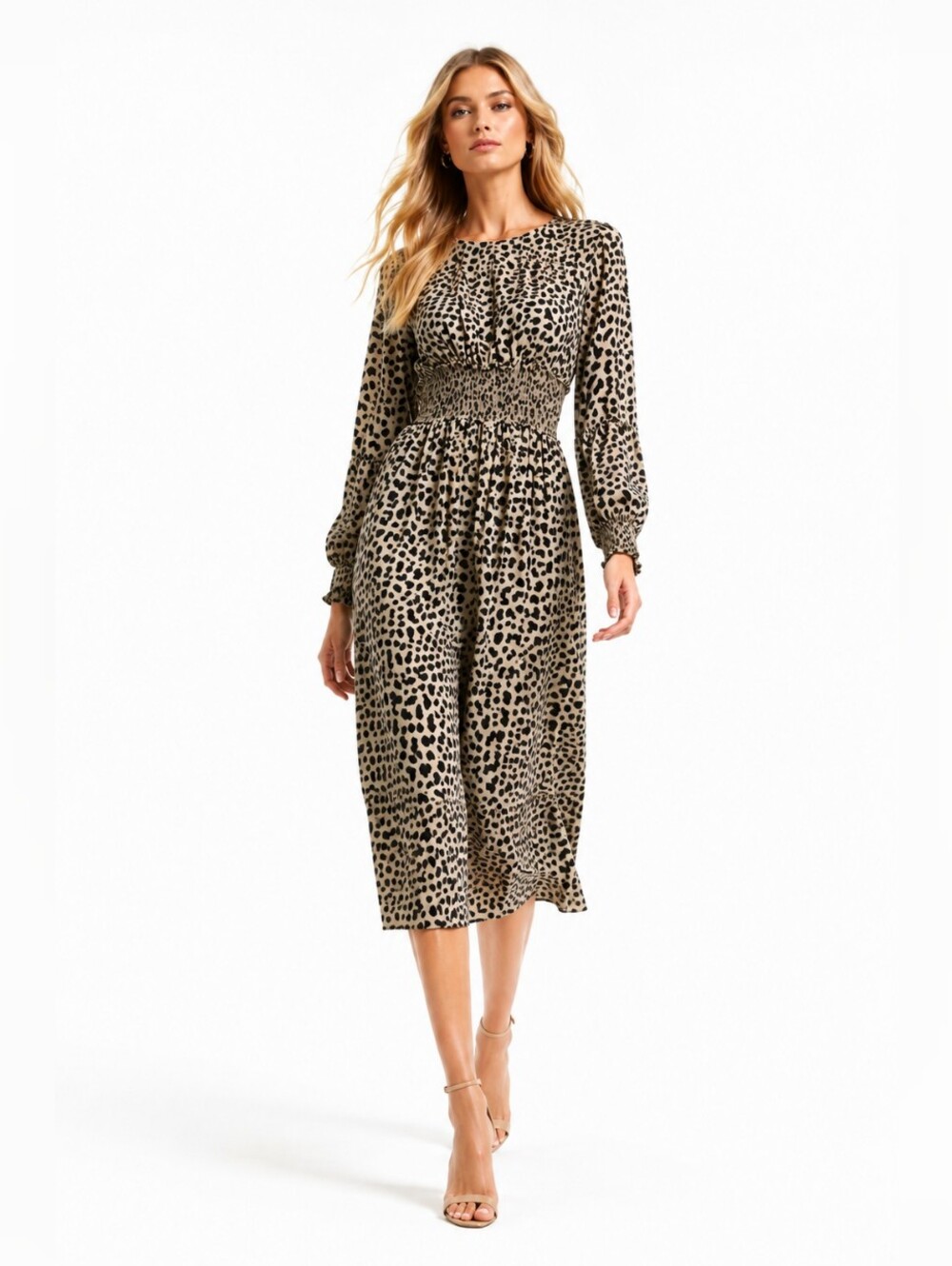 DownEast Leopard Print Smocked Midi Dress Size M